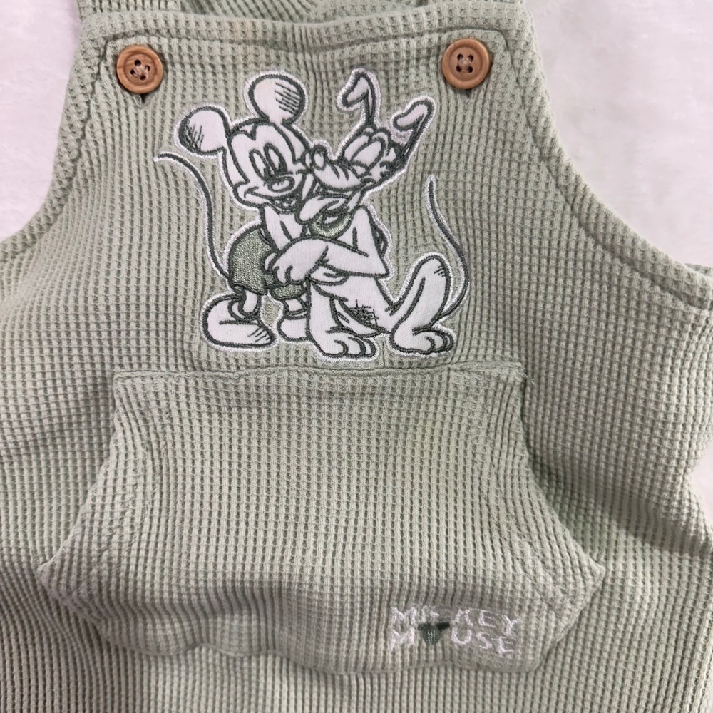 Disney Baby Mickey Mouse Pluto Overalls 3-6M Green Waffle Knit organic Cotton